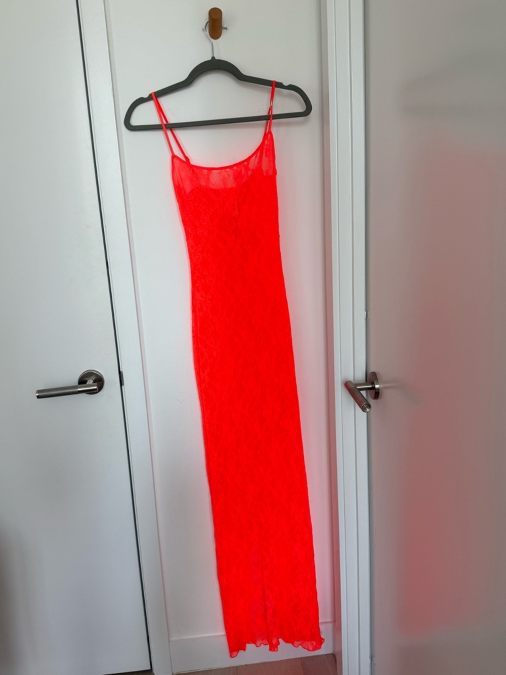 SKIMS Neon Orange Lace Maxi Slip Dress